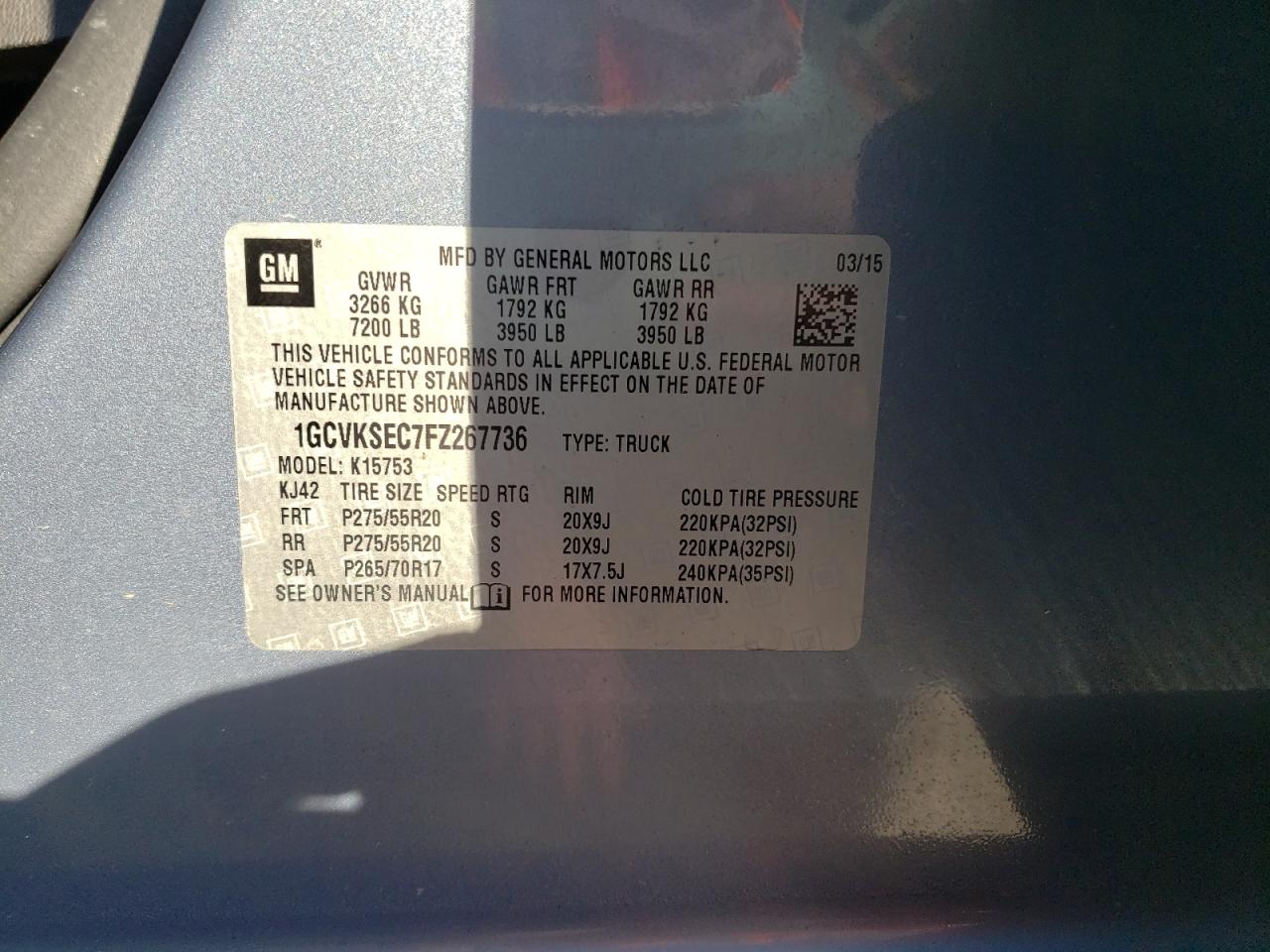 Photo 10 from auction – 2015 CHEVROLET SILVERADO with VIN 1GCVKSEC7FZ267736