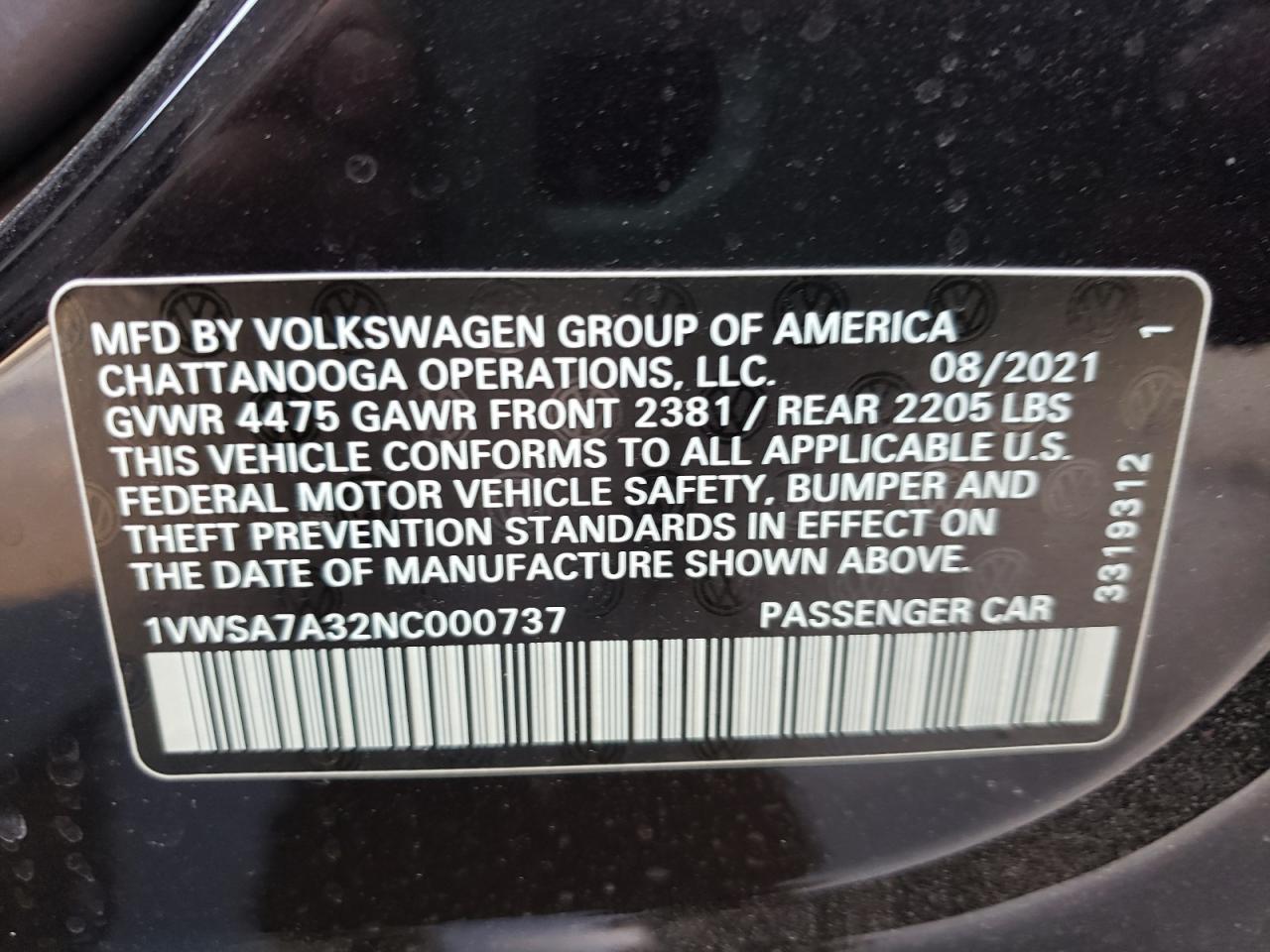 Photo 10 from auction – 2022 VOLKSWAGEN PASSAT with VIN 1VWSA7A32NC000737