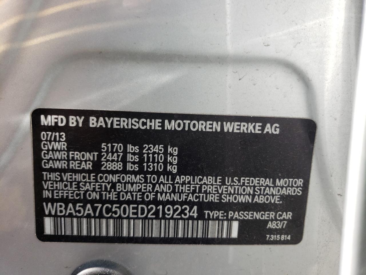 Photo 10 from auction – 2014 BMW 528 XI with VIN WBA5A7C50ED219234
