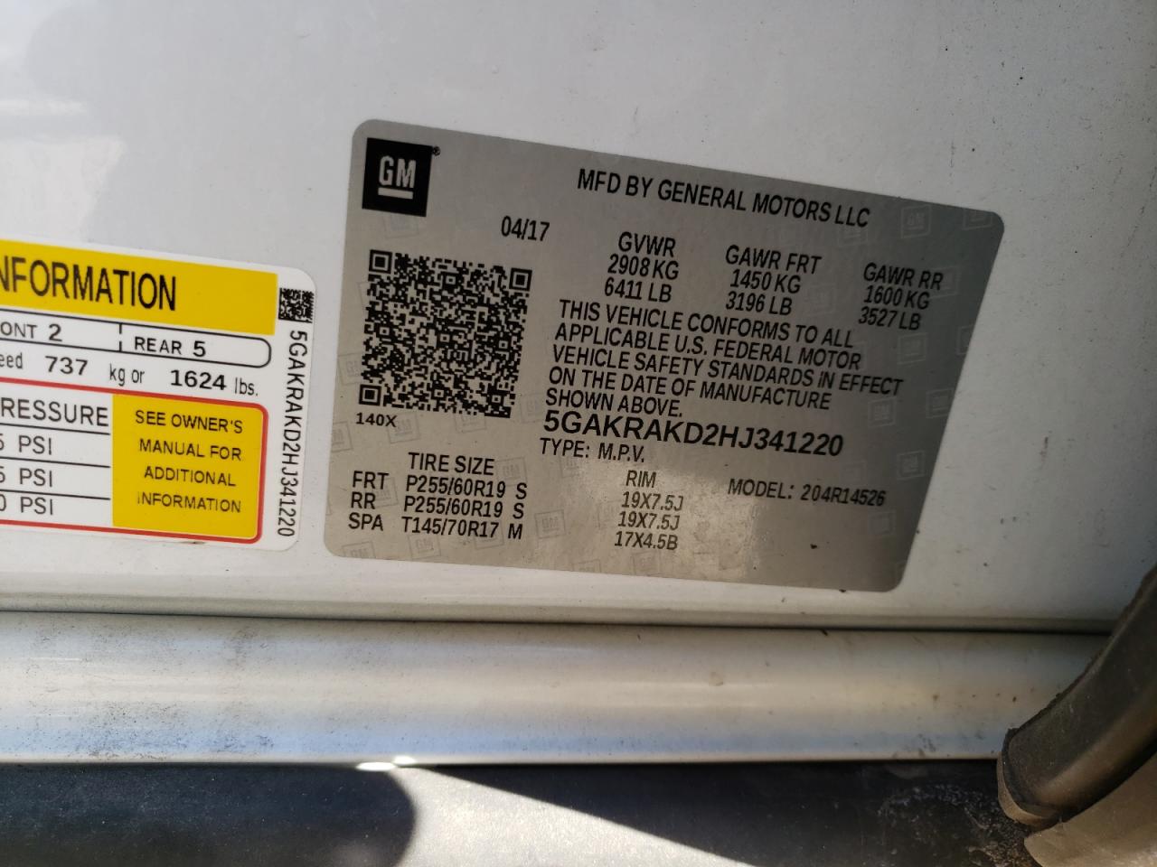 Photo 10 from auction – 2017 BUICK ENCLAVE with VIN 5GAKRAKD2HJ341220