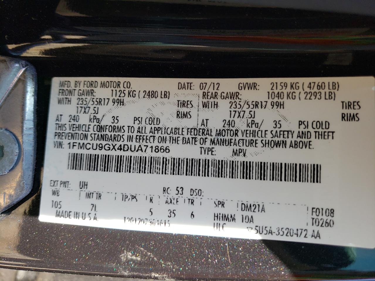Photo 10 from auction – 2013 FORD ESCAPE SE with VIN 1FMCU9GX4DUA71866