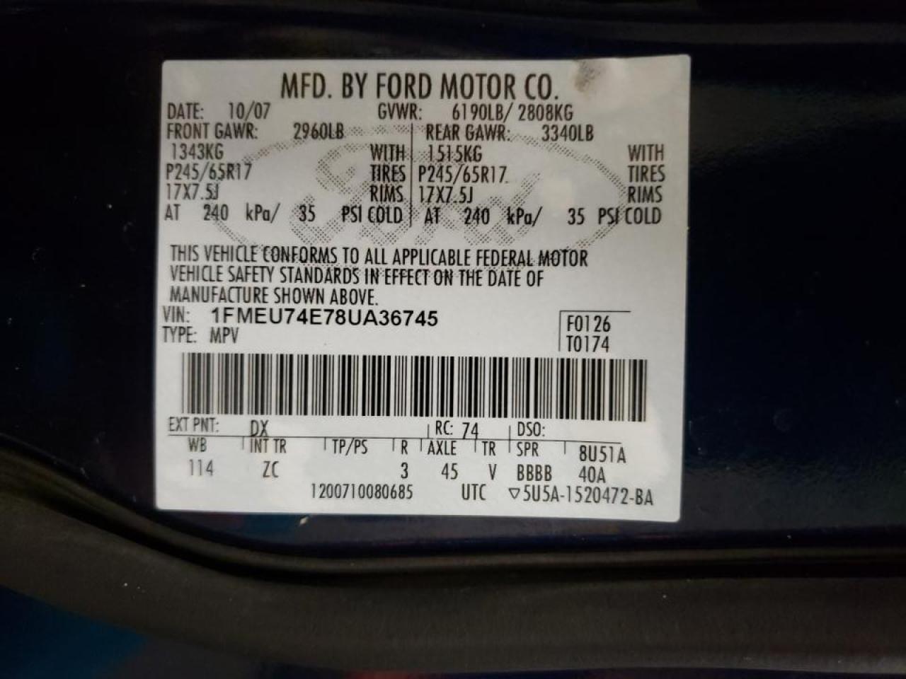 Photo 10 from auction – 2008 FORD EXPLORER E with VIN 1FMEU74E78UA36745