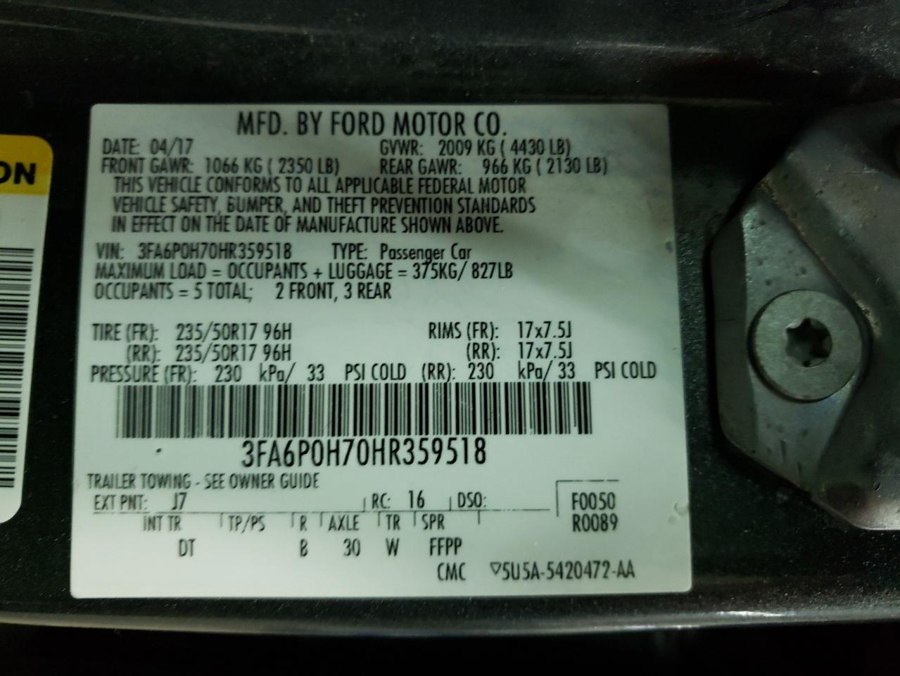 Photo 10 from auction – 2017 FORD FUSION SE with VIN 3FA6P0H70HR359518
