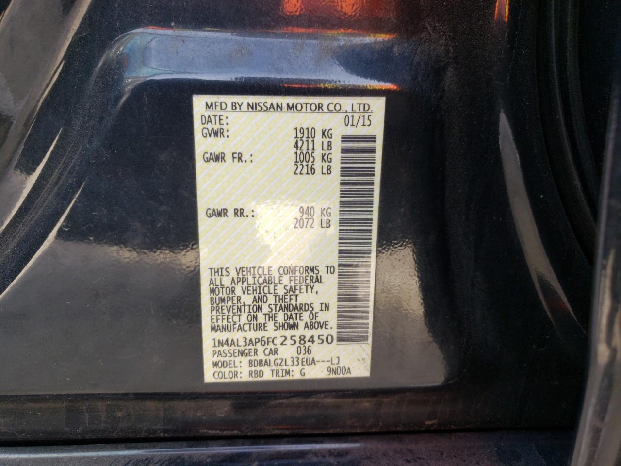 Photo 10 from auction – 2015 NISSAN ALTIMA 2.5 with VIN 1N4AL3AP6FC258450