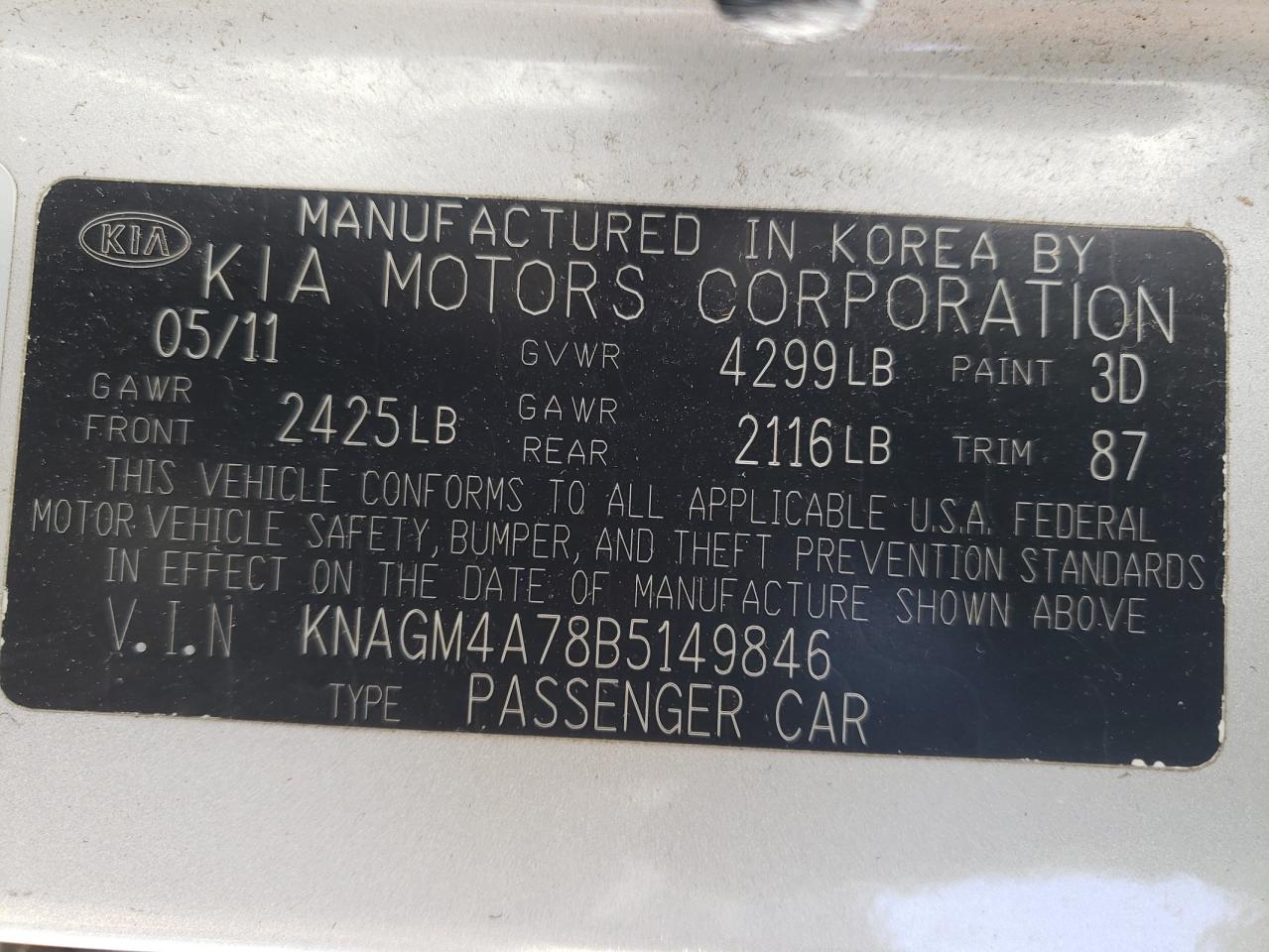 Photo 10 from auction – 2011 KIA OPTIMA LX with VIN KNAGM4A78B5149846