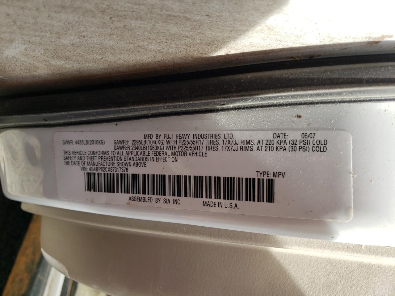 Photo 10 from auction – 2008 SUBARU OUTBACK 2. with VIN 4S4BP62CX87317376