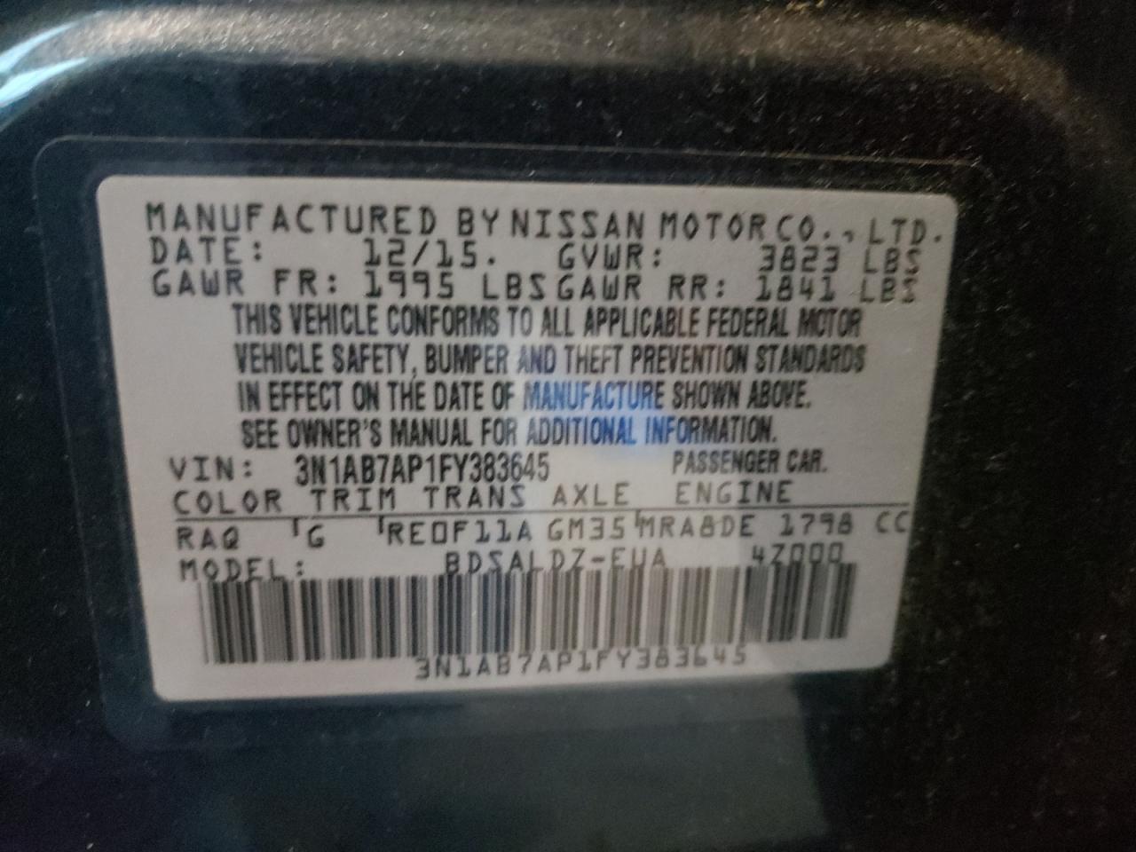 Photo 10 from auction – 2015 NISSAN SENTRA S with VIN 3N1AB7AP1FY383645