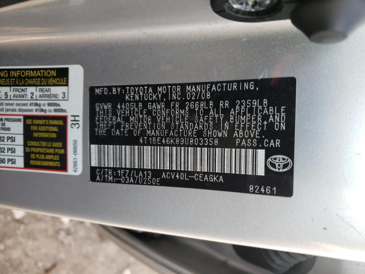 Photo 10 from auction – 2009 TOYOTA CAMRY BASE with VIN 4T1BE46K89U803358
