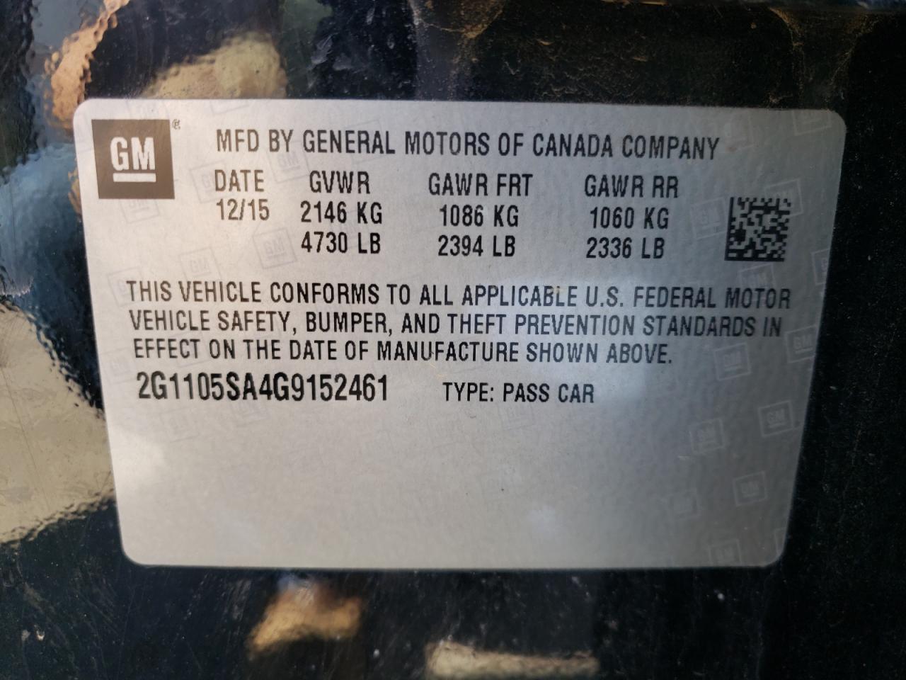 Photo 10 from auction – 2016 CHEVROLET IMPALA LT with VIN 2G1105SA4G9152461