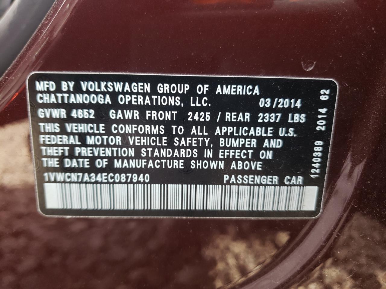 Photo 10 from auction – 2014 VOLKSWAGEN PASSAT SEL with VIN 1VWCN7A34EC087940