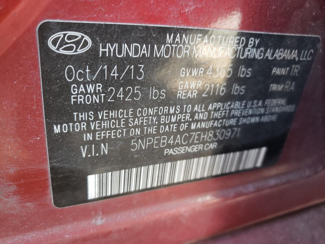 Photo 10 from auction – 2014 HYUNDAI SONATA GLS with VIN 5NPEB4AC7EH830971