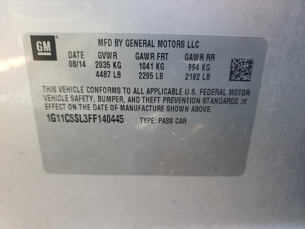 Photo 10 from auction – 2015 CHEVROLET MALIBU 1LT with VIN 1G11C5SL3FF140445