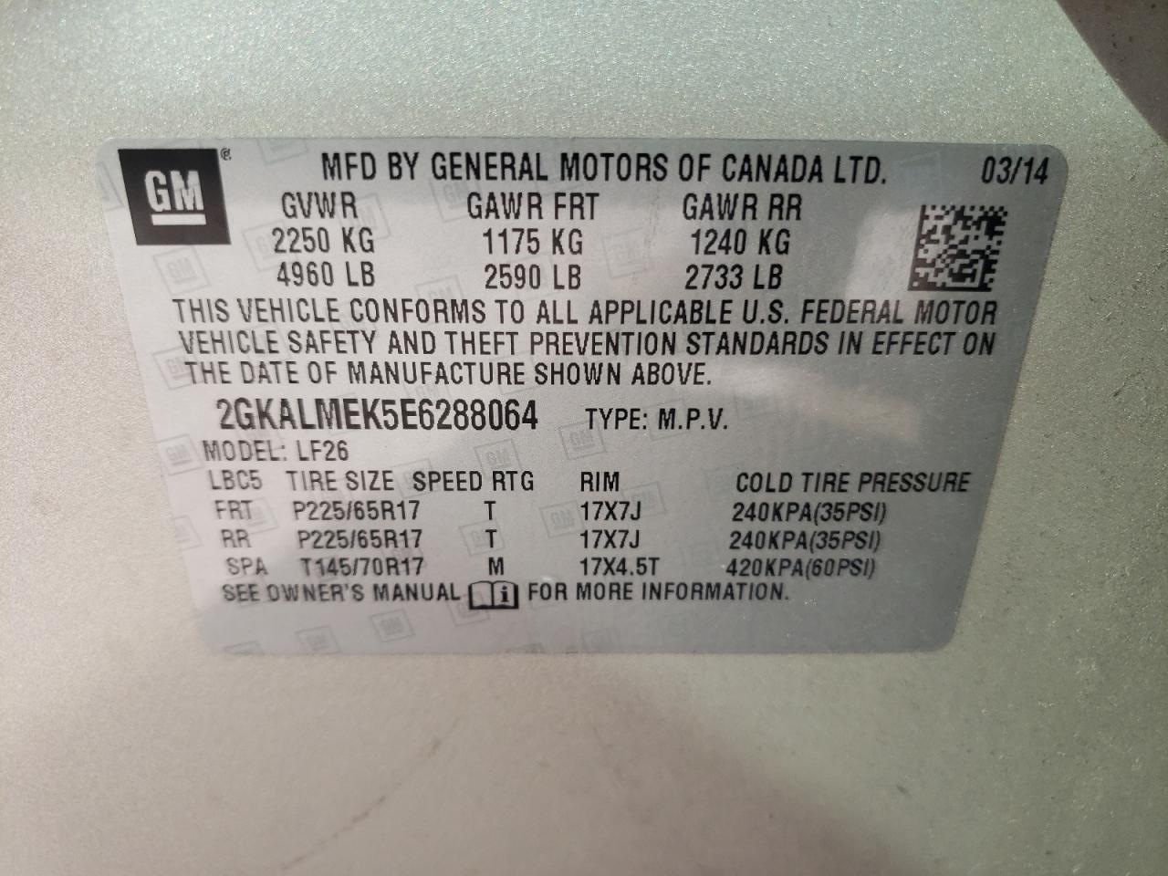 Photo 10 from auction – 2014 GMC TERRAIN SL with VIN 2GKALMEK5E6288064
