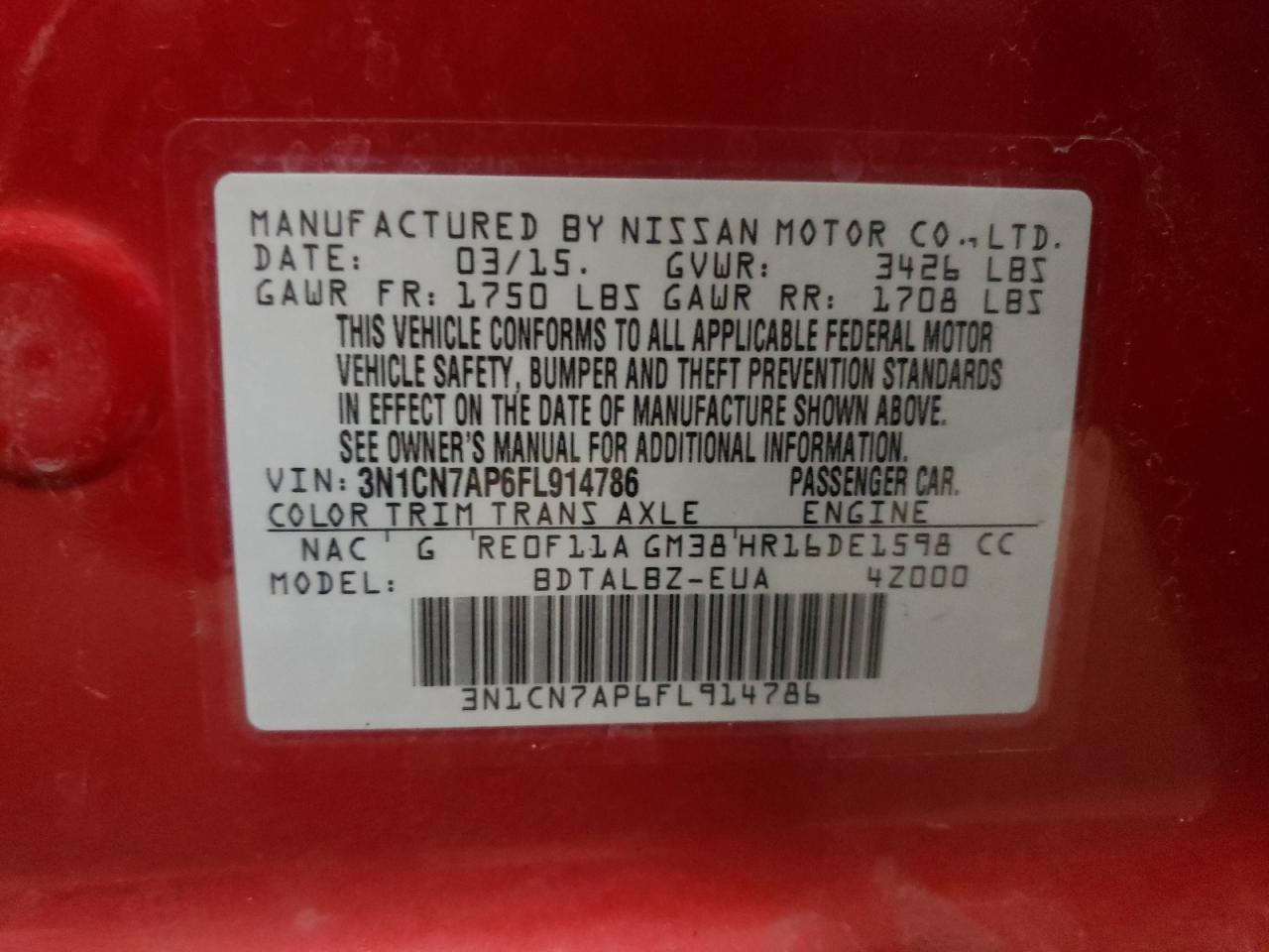 Photo 10 from auction – 2015 NISSAN VERSA S with VIN 3N1CN7AP6FL914786