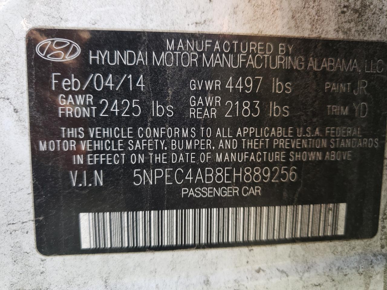 Photo 10 from auction – 2014 HYUNDAI SONATA SE with VIN 5NPEC4AB8EH889256