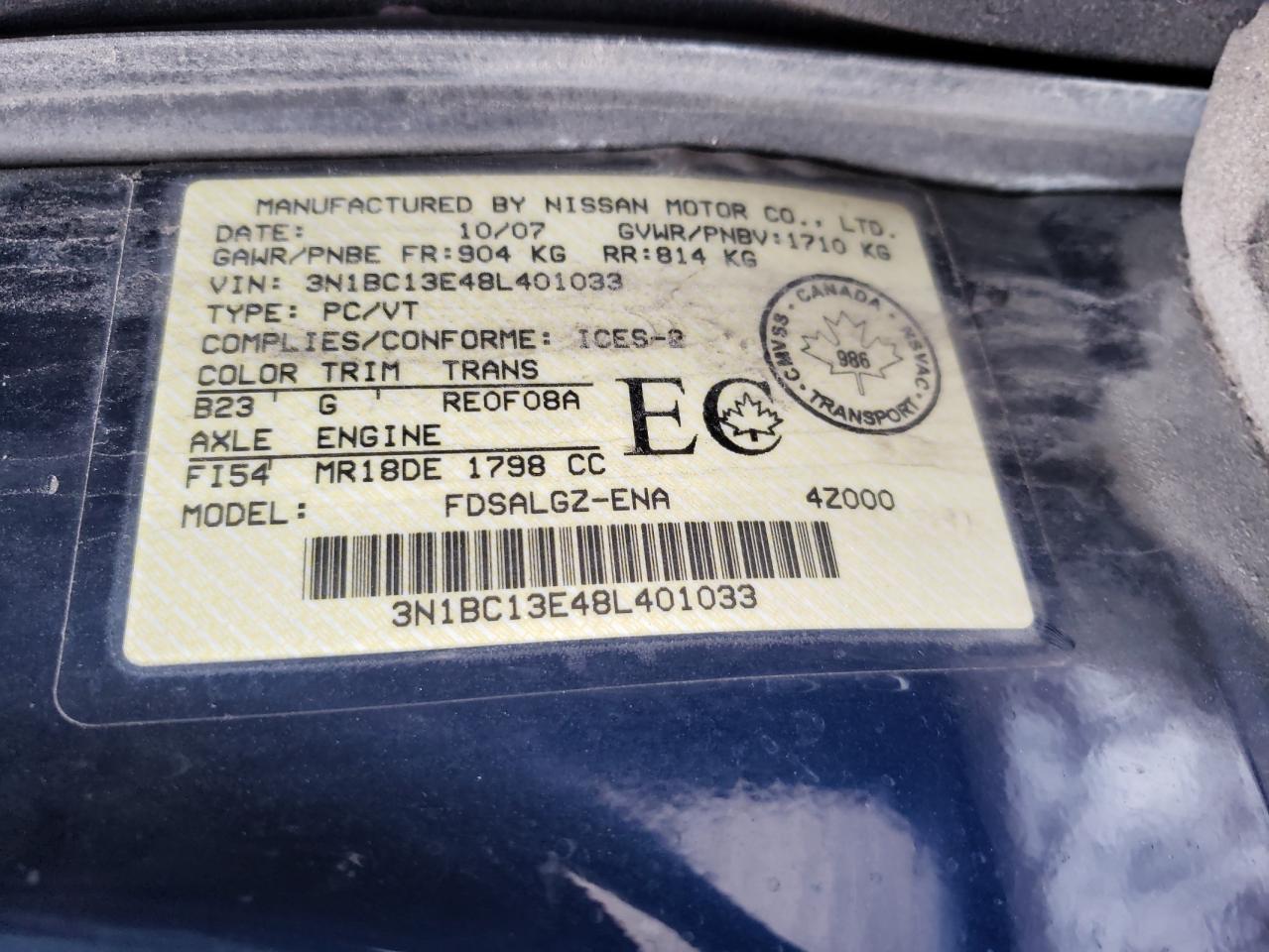 Photo 10 from auction – 2008 NISSAN VERSA S with VIN 3N1BC13E48L401033
