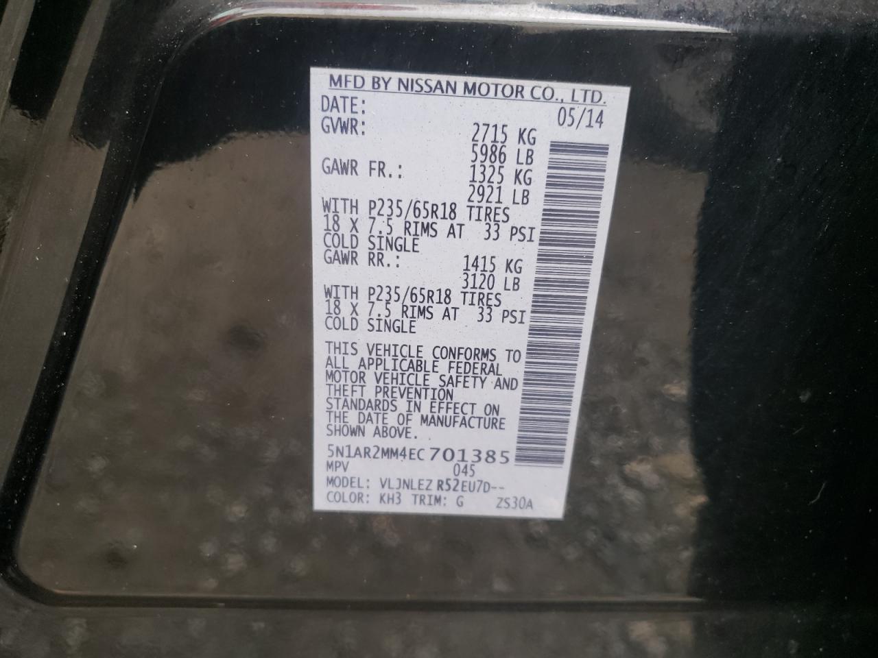 Photo 10 from auction – 2014 NISSAN PATHFINDER with VIN 5N1AR2MM4EC701385