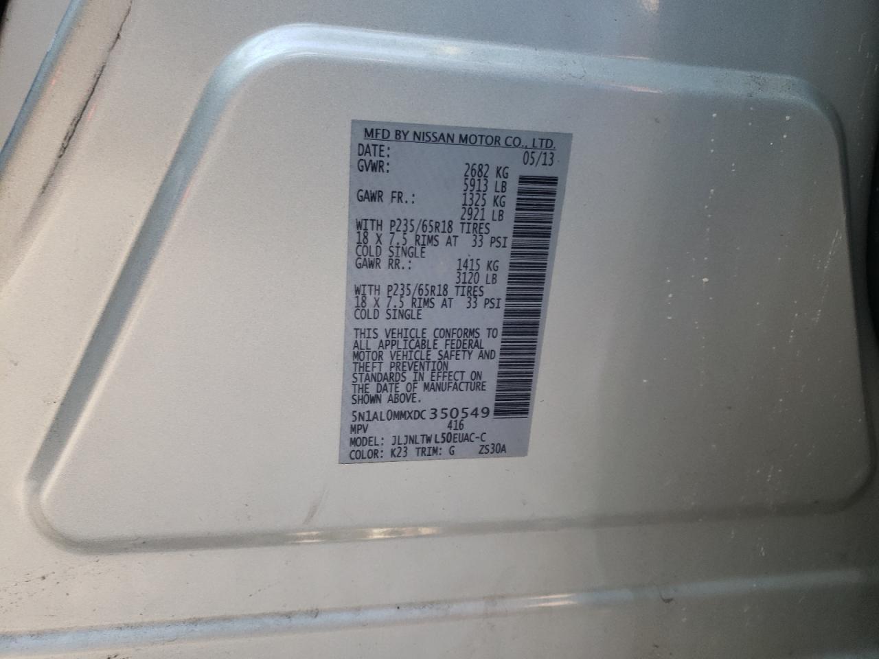 Photo 10 from auction – 2013 INFINITI JX35 with VIN 5N1AL0MMXDC350549