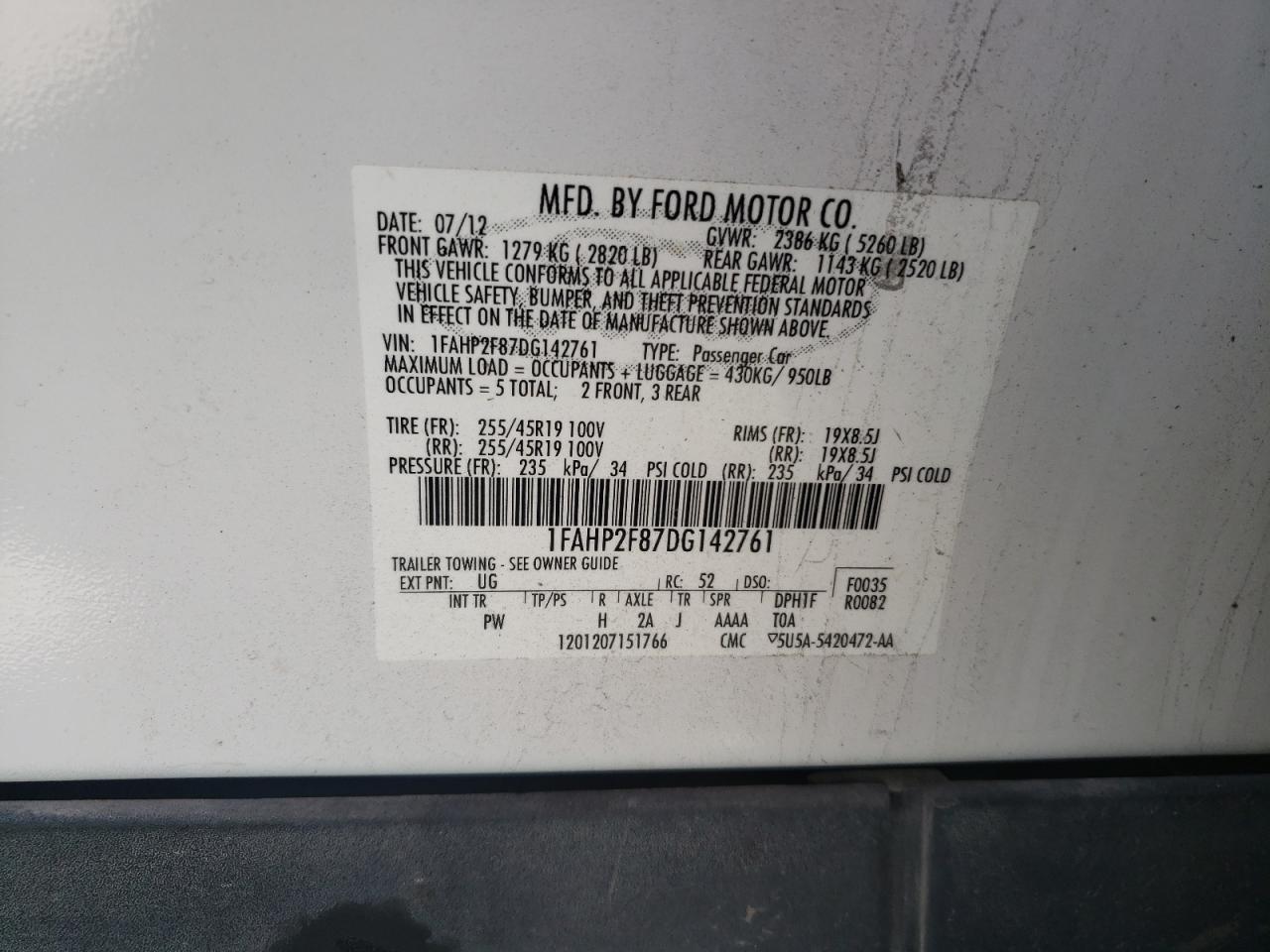 Photo 10 from auction – 2013 FORD TAURUS LIM with VIN 1FAHP2F87DG142761