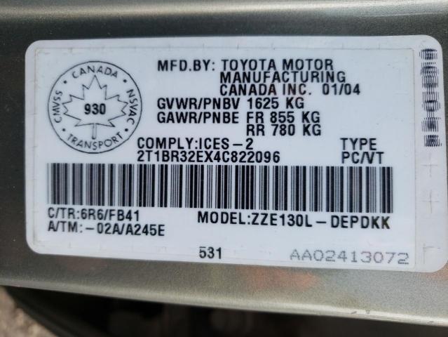 Photo 10 from auction – 2004 TOYOTA COROLLA CE with VIN 2T1BR32EX4C822096