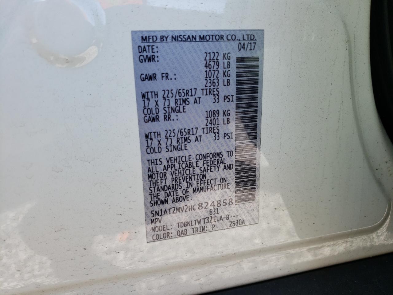 Photo 10 from auction – 2017 NISSAN ROGUE SV with VIN 5N1AT2MV2HC824858