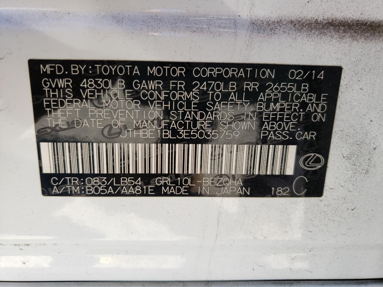 Photo 10 from auction – 2014 LEXUS GS 350 with VIN JTHBE1BL3E5035759