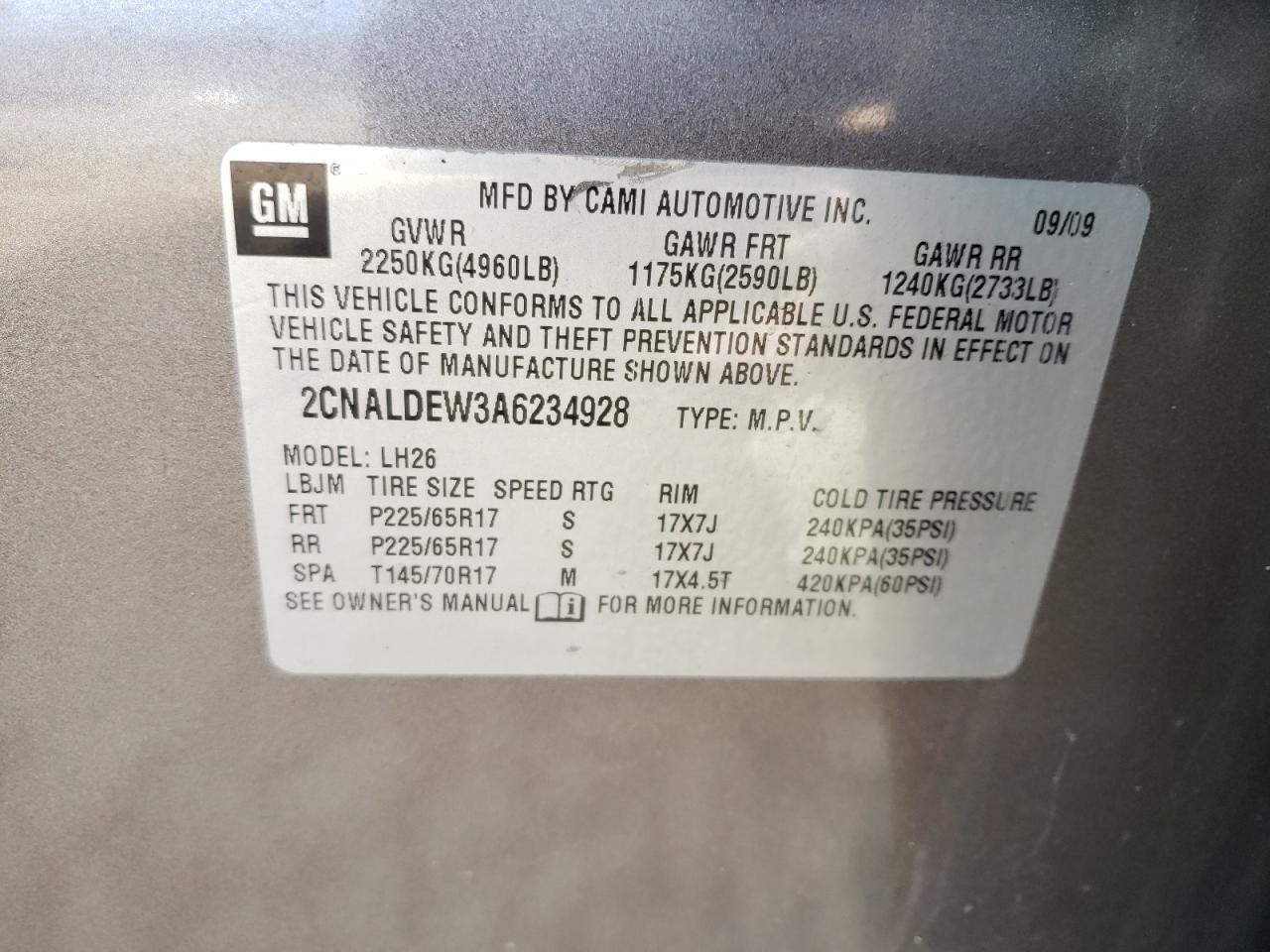 Photo 10 from auction – 2010 CHEVROLET EQUINOX LT with VIN 2CNALDEW3A6234928
