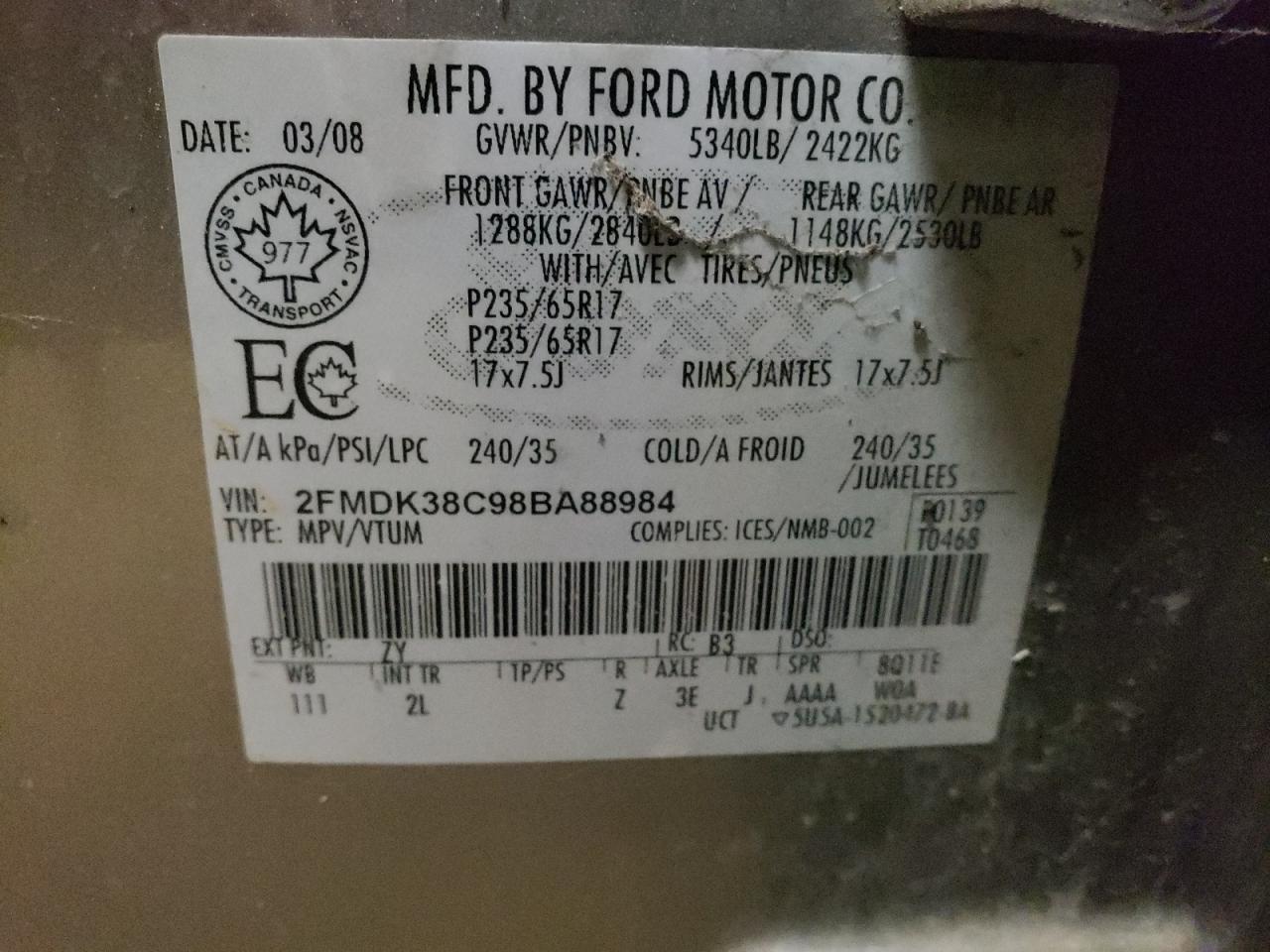 Photo 10 from auction – 2008 FORD EDGE SEL with VIN 2FMDK38C98BA88984