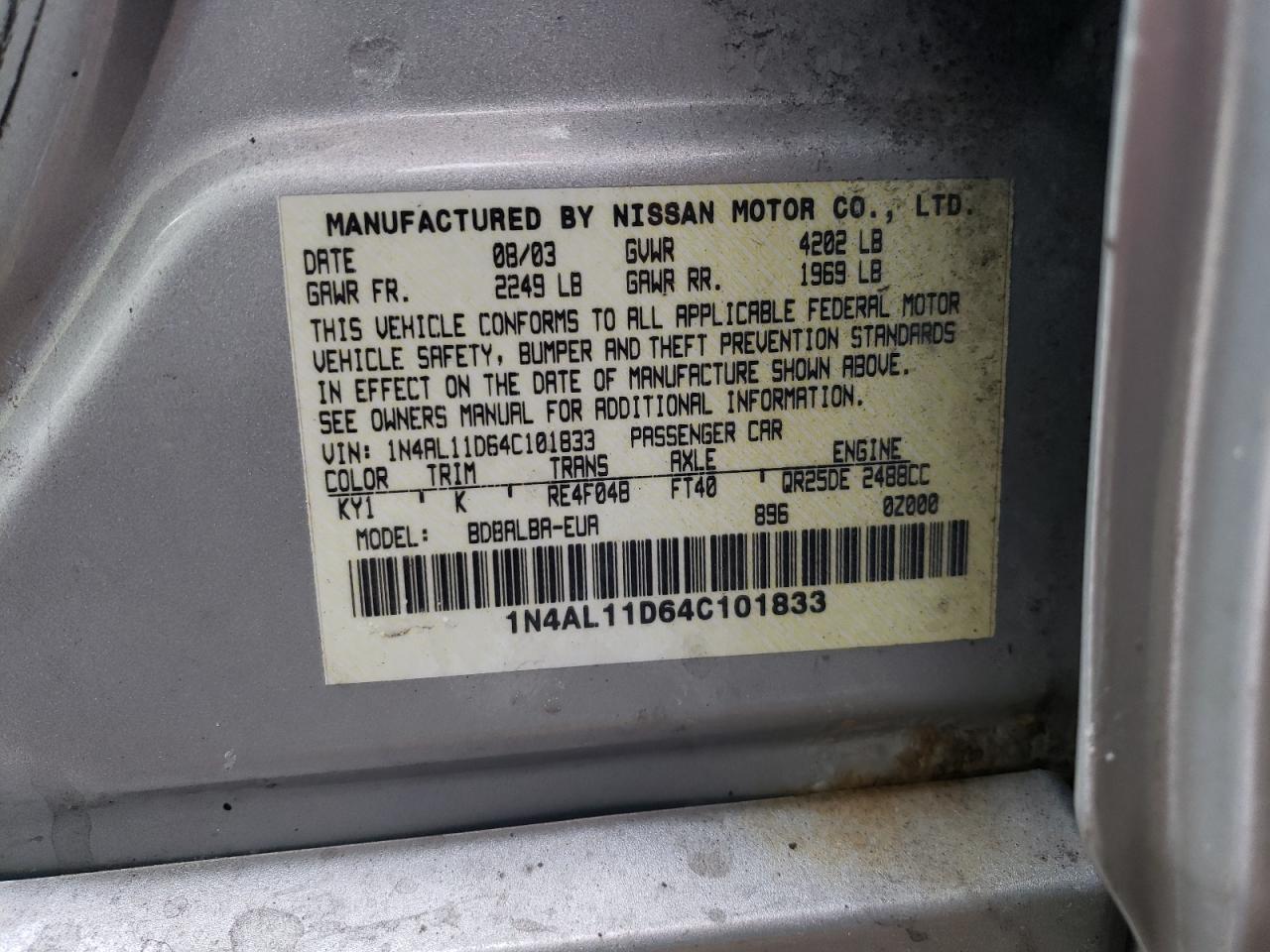 Photo 10 from auction – 2004 NISSAN ALTIMA BAS with VIN 1N4AL11D64C101833