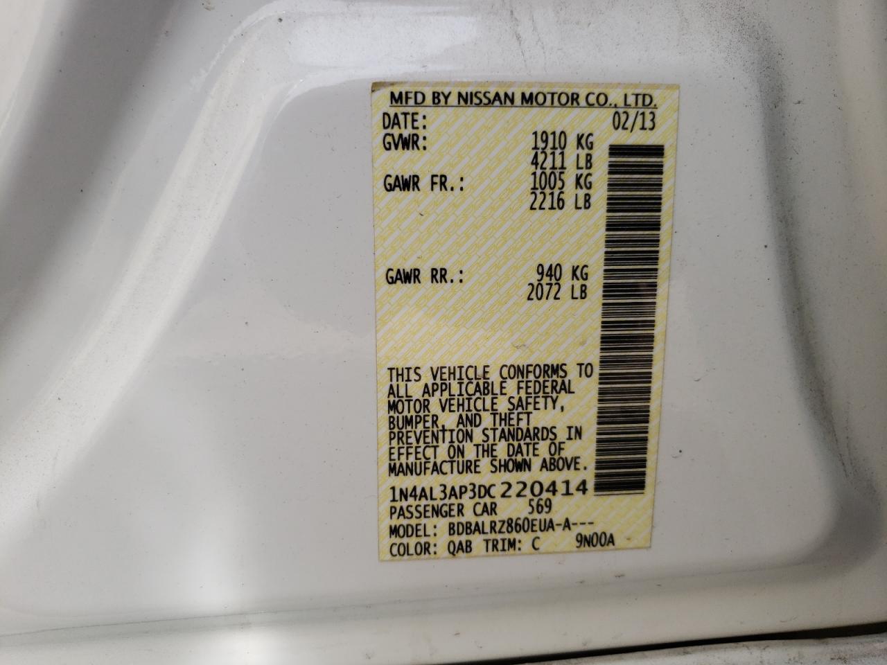 Photo 10 from auction – 2013 NISSAN ALTIMA 2.5 with VIN 1N4AL3AP3DC220414