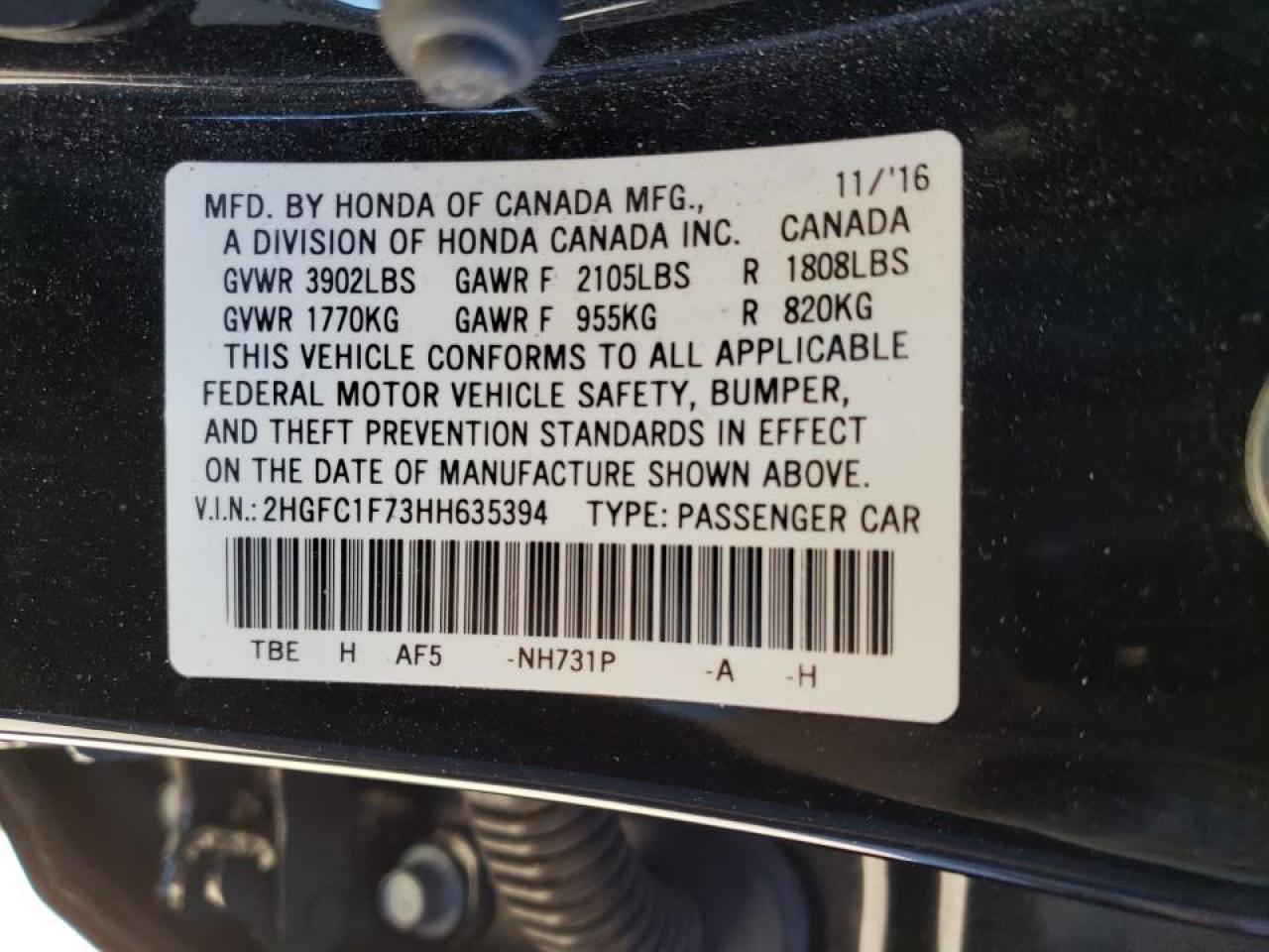 Photo 10 from auction – 2017 HONDA CIVIC EXL with VIN 2HGFC1F73HH635394