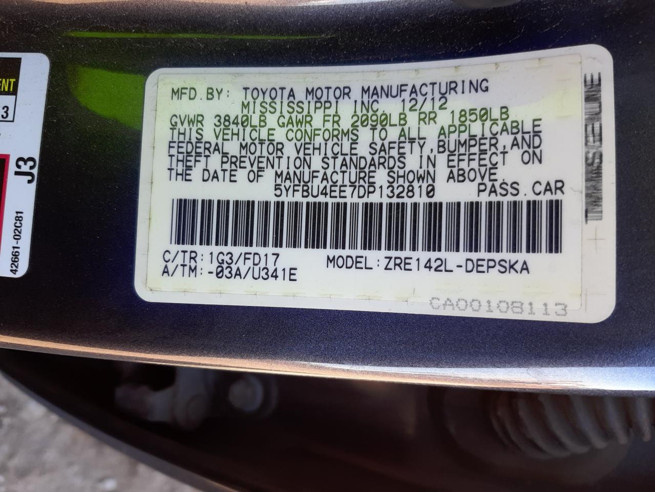 Photo 10 from auction – 2013 TOYOTA COROLLA BA with VIN 5YFBU4EE7DP132810