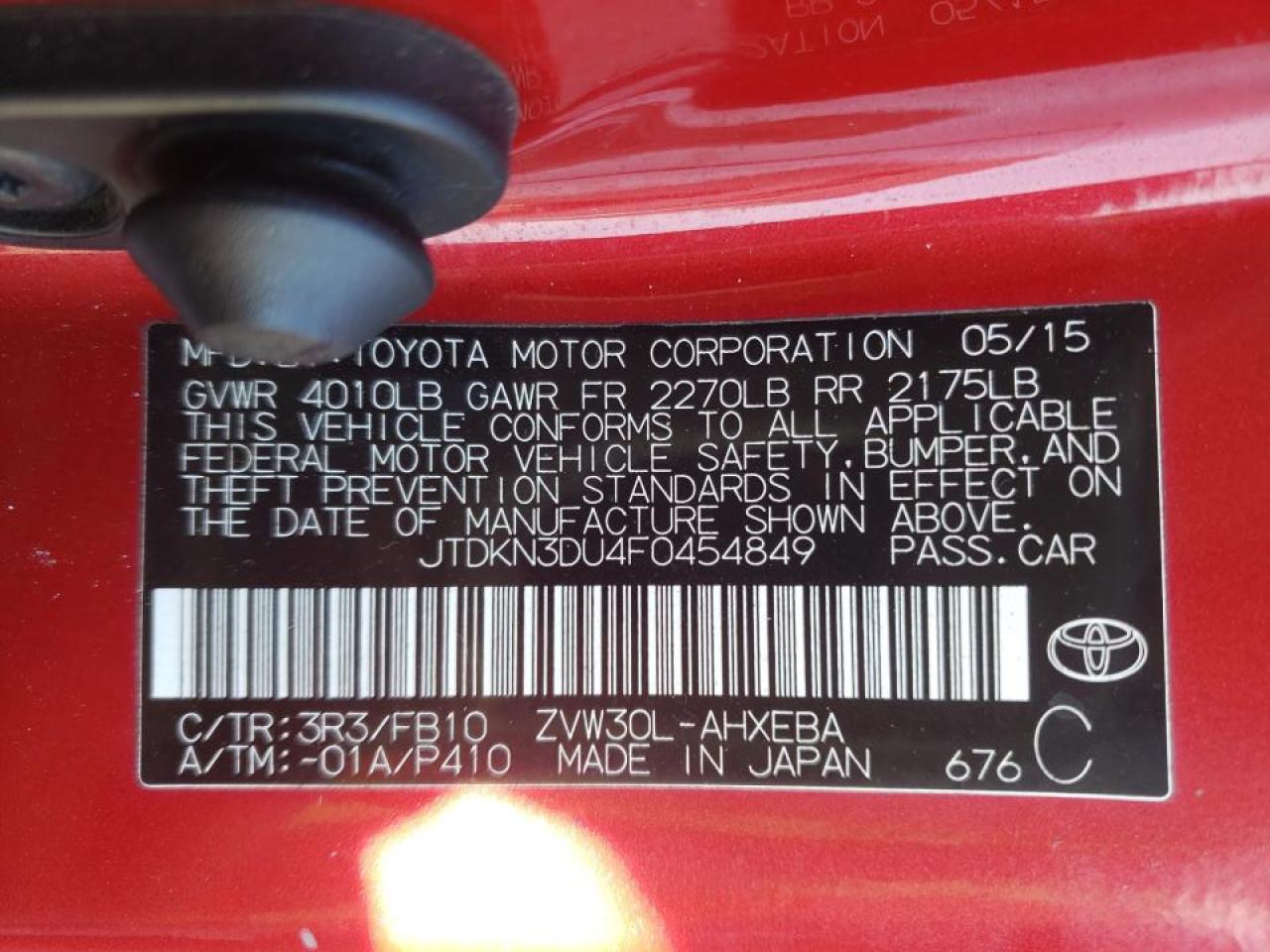 Photo 10 from auction – 2015 TOYOTA PRIUS with VIN JTDKN3DU4F0454849