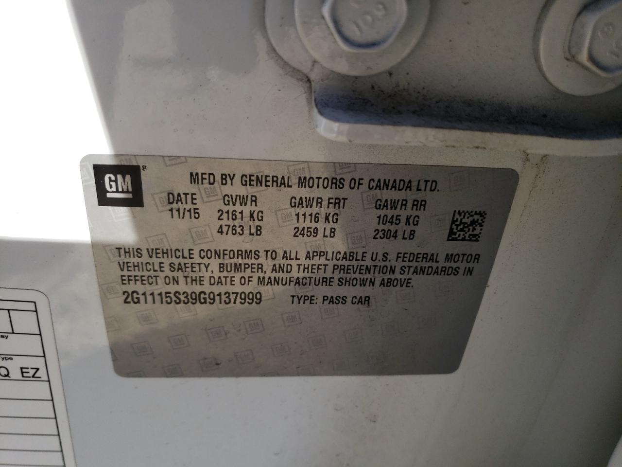 Photo 10 from auction – 2016 CHEVROLET IMPALA LT with VIN 2G1115S39G9137999