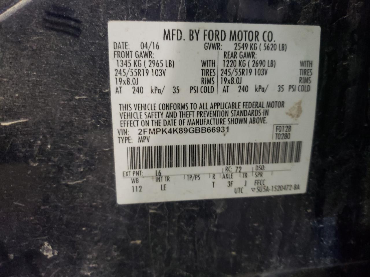 Photo 10 from auction – 2016 FORD EDGE TITAN with VIN 2FMPK4K89GBB66931
