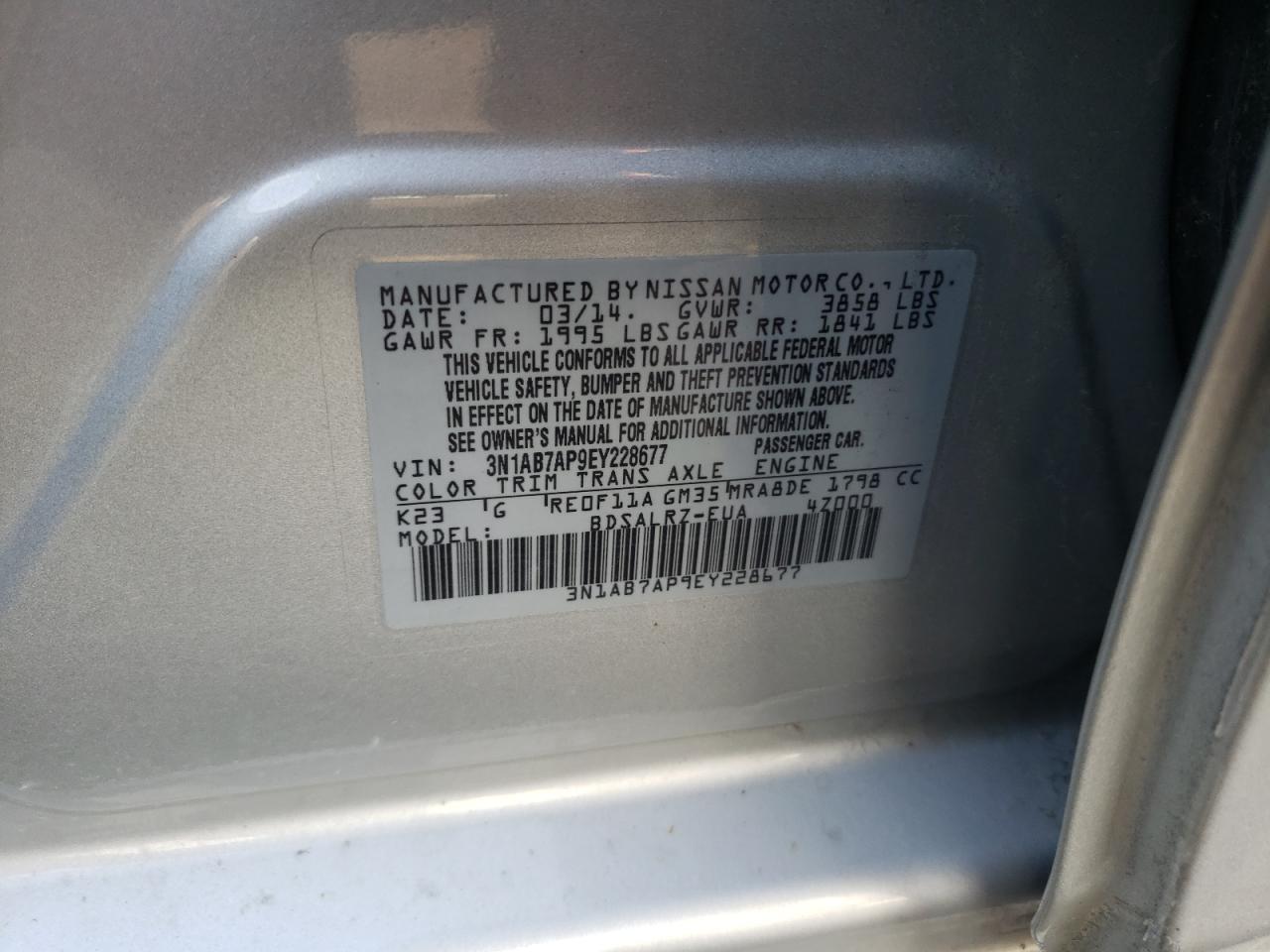 Photo 10 from auction – 2014 NISSAN SENTRA S with VIN 3N1AB7AP9EY228677