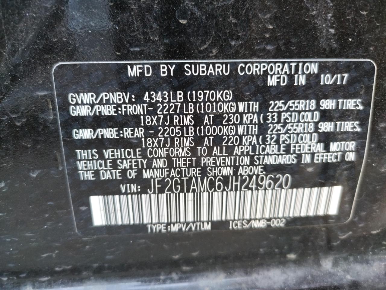 Photo 10 from auction – 2018 SUBARU CROSSTREK with VIN JF2GTAMC6JH249620