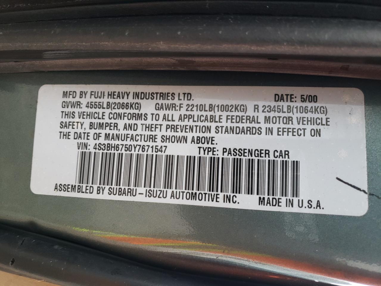 Photo 10 from auction – 2000 SUBARU LEGACY OUT with VIN 4S3BH6750Y7671547
