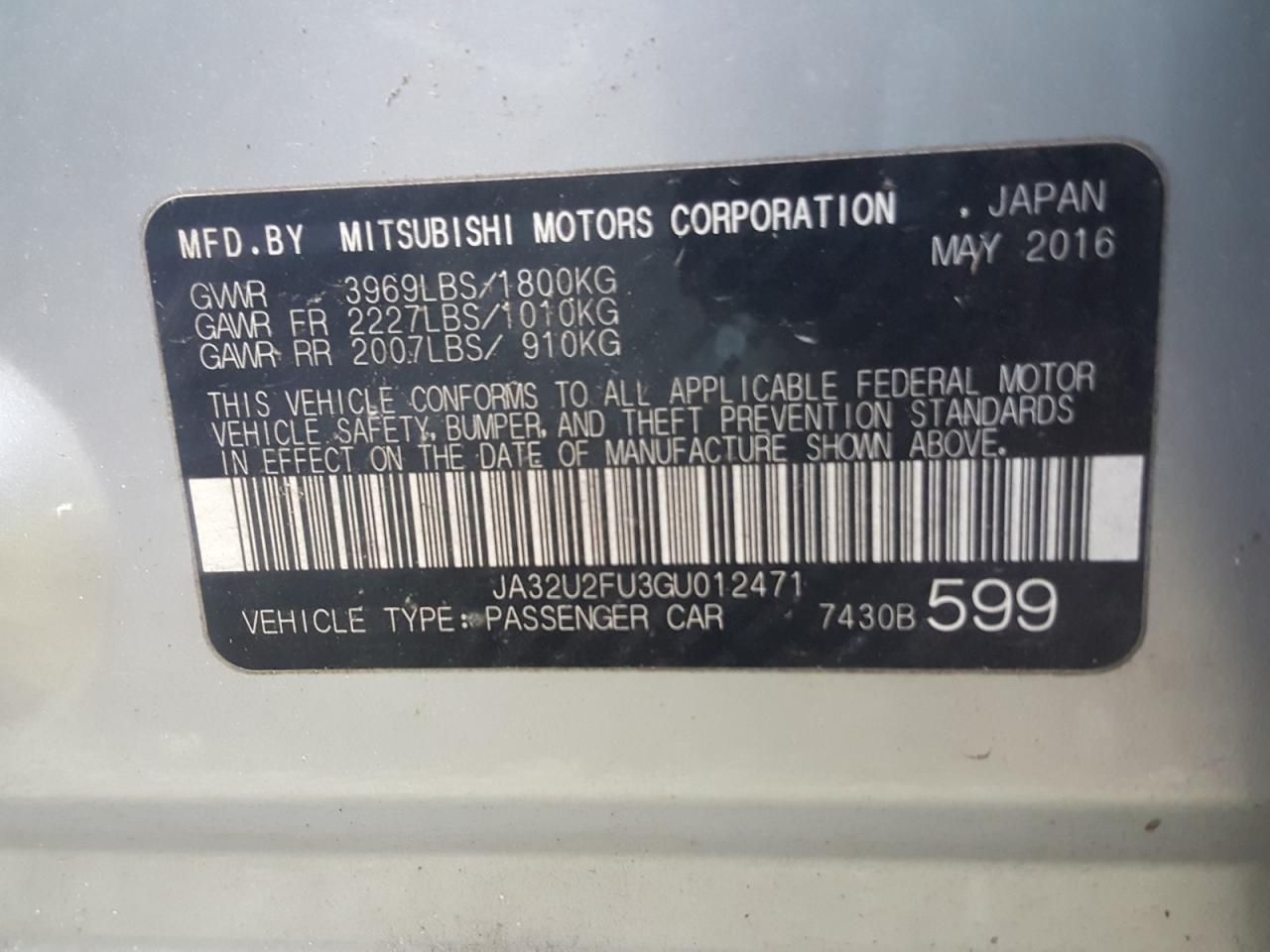 Photo 10 from auction – 2016 MITSUBISHI LANCER ES with VIN JA32U2FU3GU012471