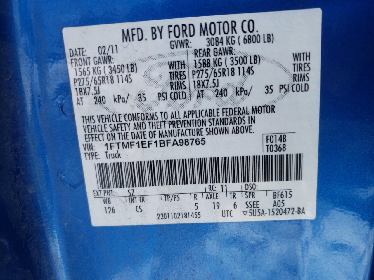 Photo 10 from auction – 2011 FORD F150 with VIN 1FTMF1EF1BFA98765