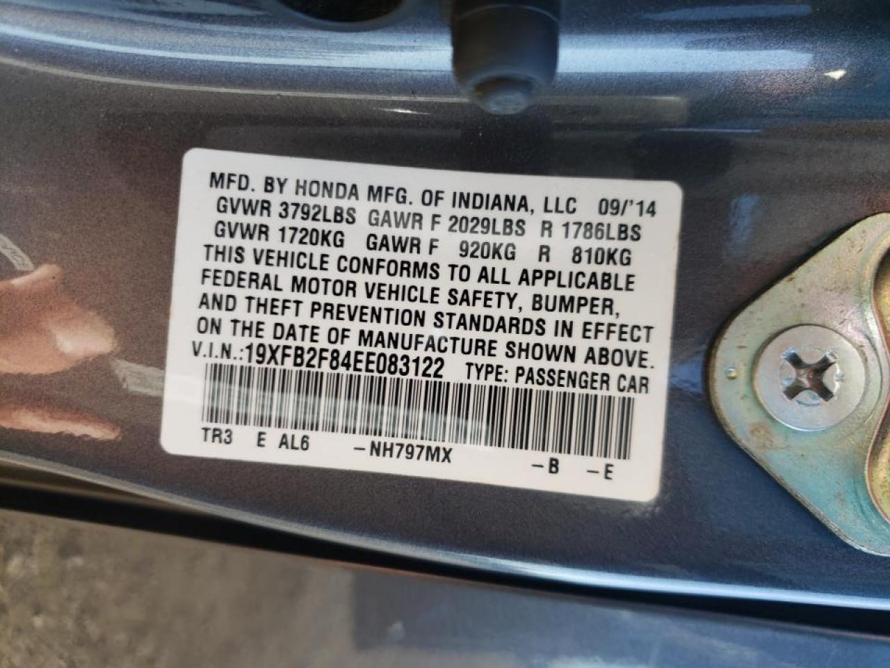 Photo 10 from auction – 2014 HONDA CIVIC EX with VIN 19XFB2F84EE083122