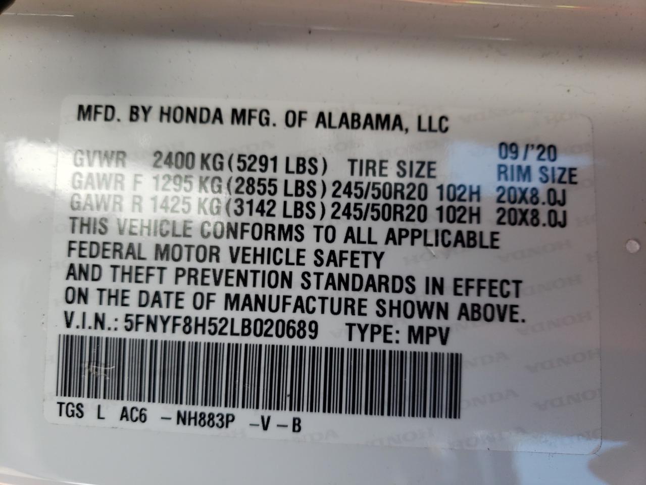 Photo 10 from auction – 2020 HONDA PASSPORT E with VIN 5FNYF8H52LB020689
