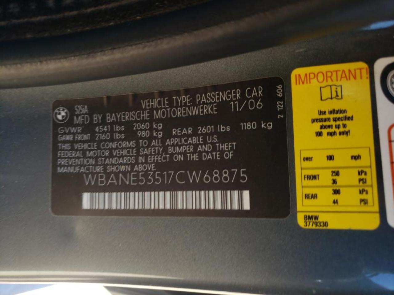 Photo 10 from auction – 2007 BMW 525 I with VIN WBANE53517CW68875