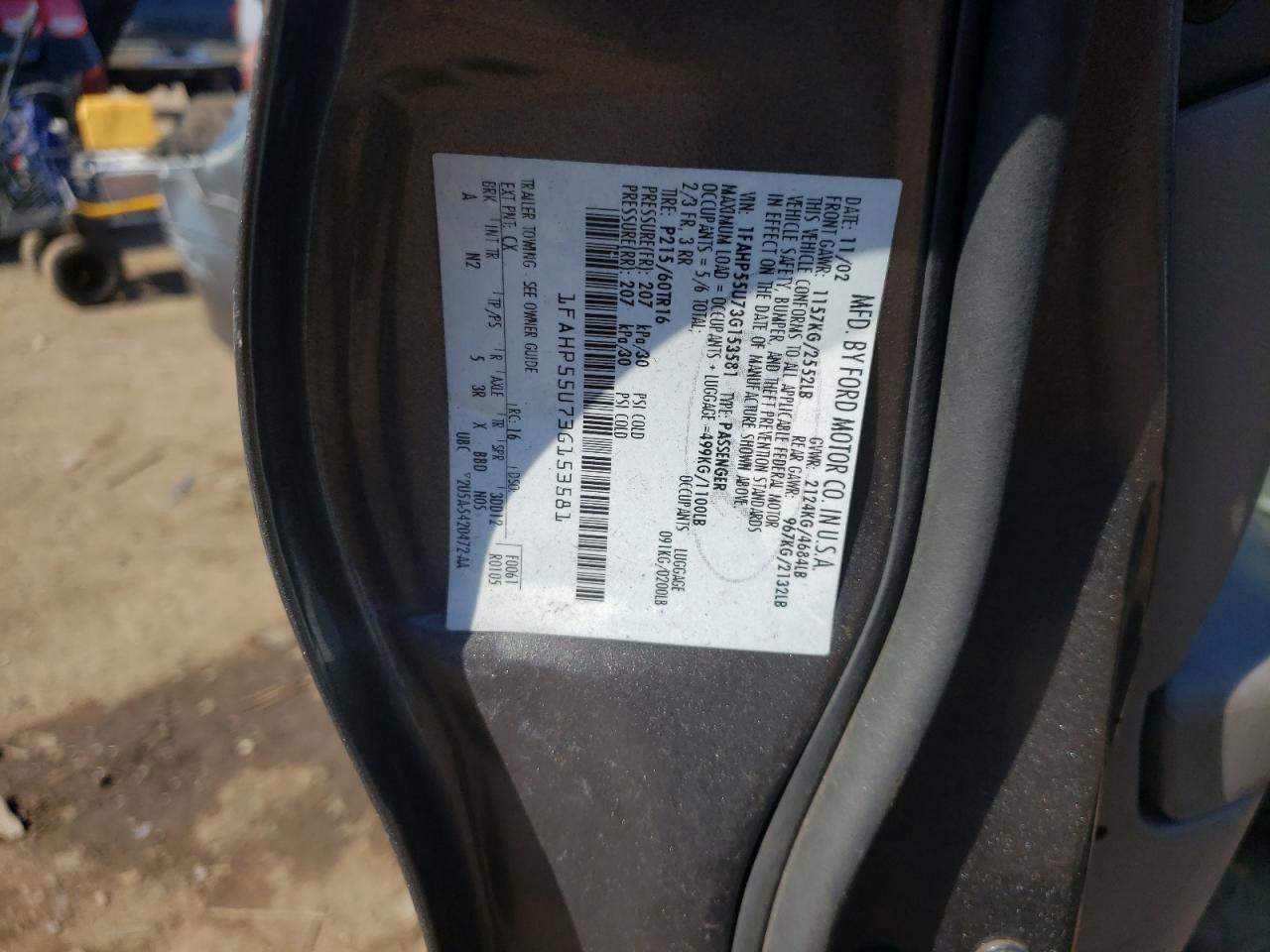 Photo 10 from auction – 2003 FORD TAURUS SES with VIN 1FAHP55U73G153581