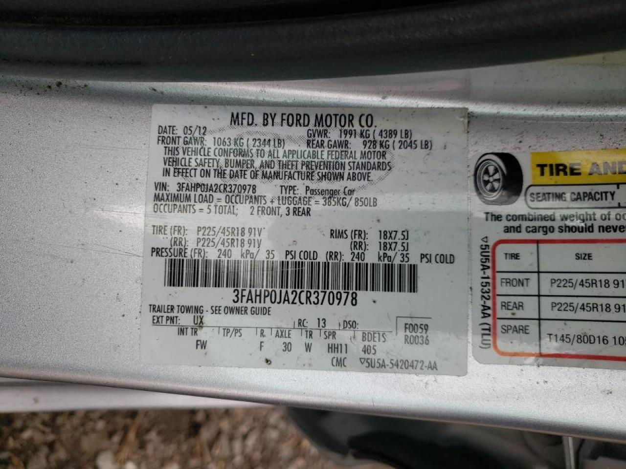 Photo 10 from auction – 2012 FORD FUSION SEL with VIN 3FAHP0JA2CR370978