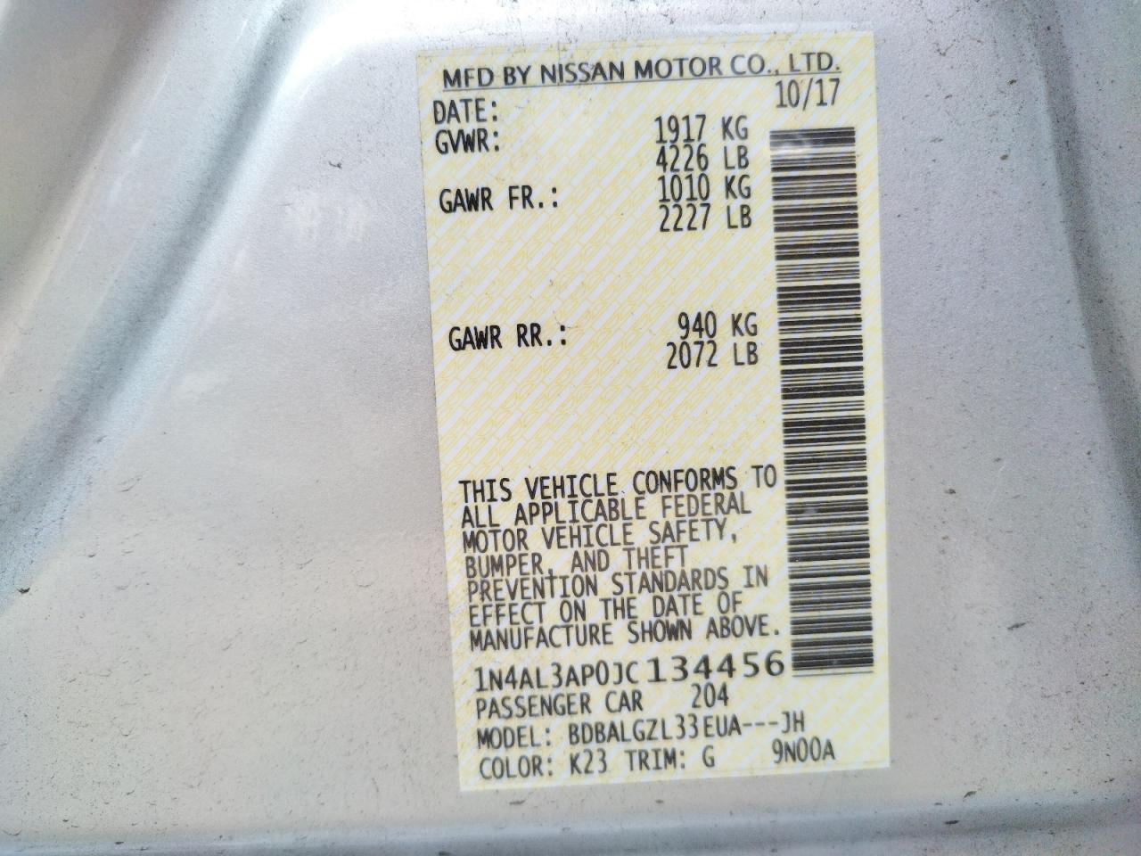 Photo 10 from auction – 2018 NISSAN ALTIMA 2.5 with VIN 1N4AL3AP0JC134456