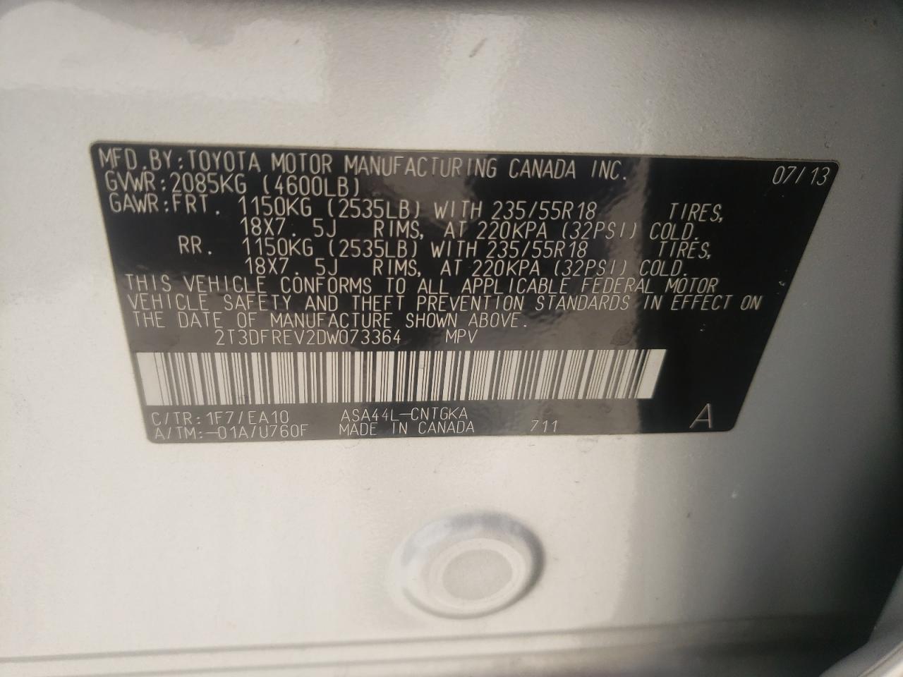 Photo 10 from auction – 2013 TOYOTA RAV4 LIMIT with VIN 2T3DFREV2DW073364