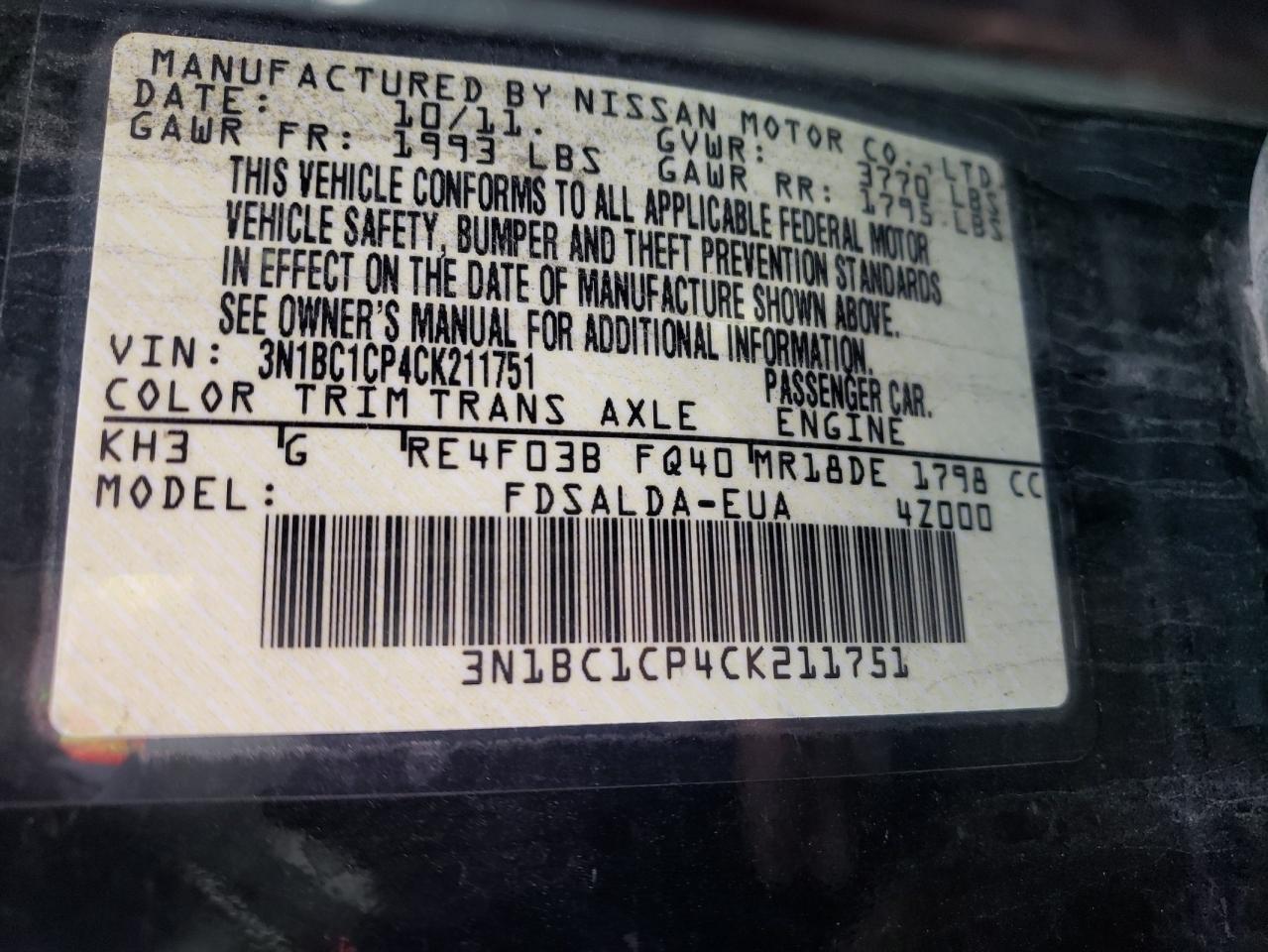 Photo 10 from auction – 2012 NISSAN VERSA S with VIN 3N1BC1CP4CK211751