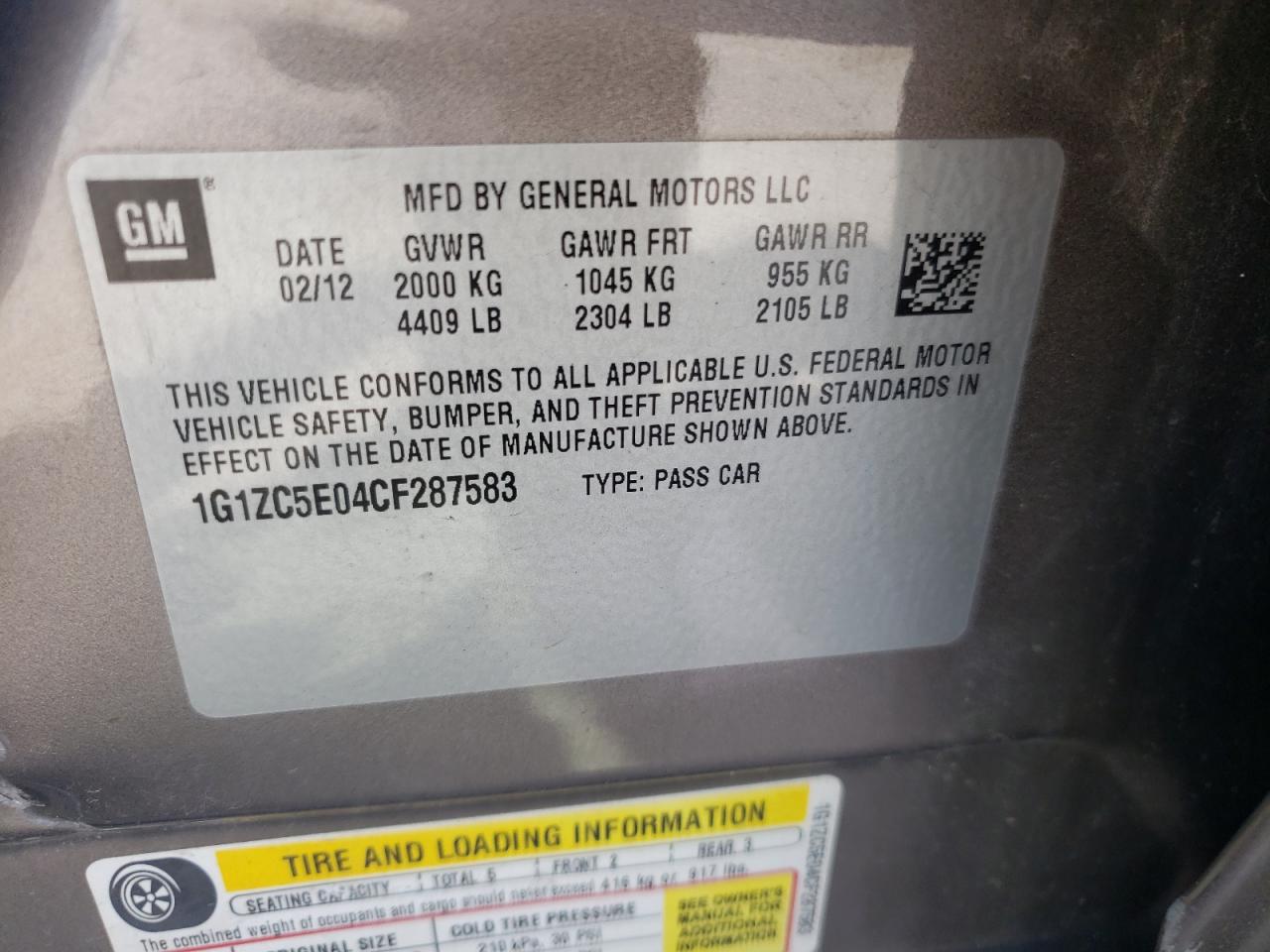 Photo 10 from auction – 2012 CHEVROLET MALIBU 1LT with VIN 1G1ZC5E04CF287583