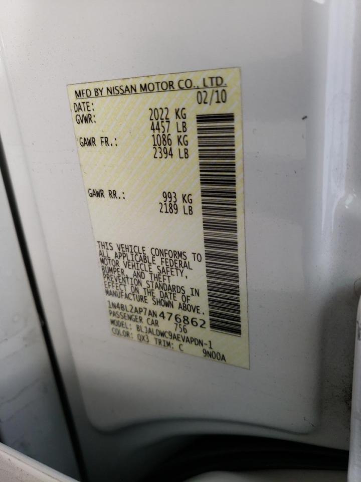 Photo 10 from auction – 2010 NISSAN ALTIMA SR with VIN 1N4BL2AP7AN476862